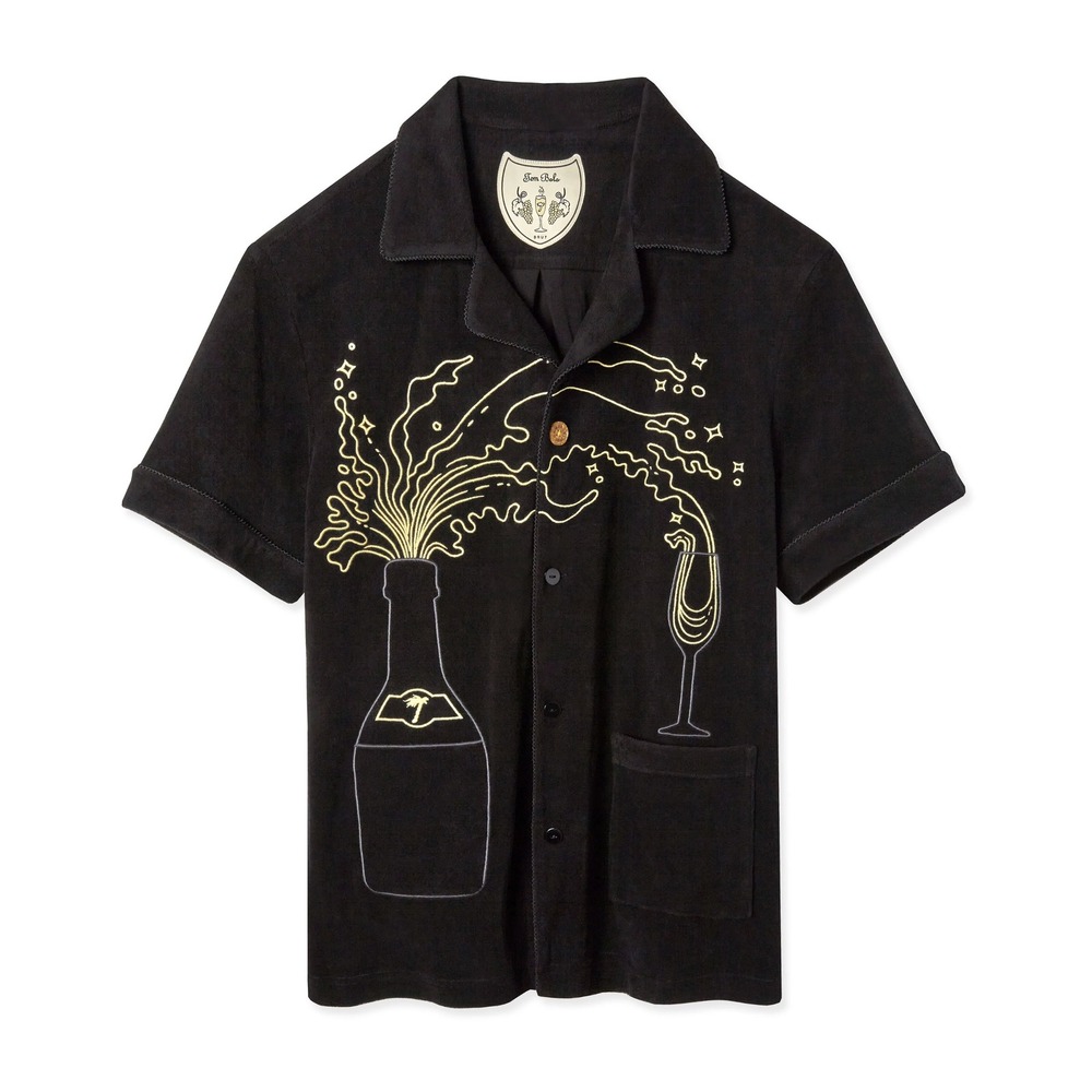 Tombolo Big Brut Cabana Shirt Mens Large Black Terry Cloth Champagne Embroidered